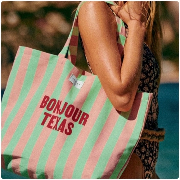 Sezane Handbags - Sezane Striped 'Bonjour Texas' Tote in Pink and Green